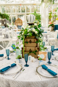 Baby shower table, blue and white, travel theme