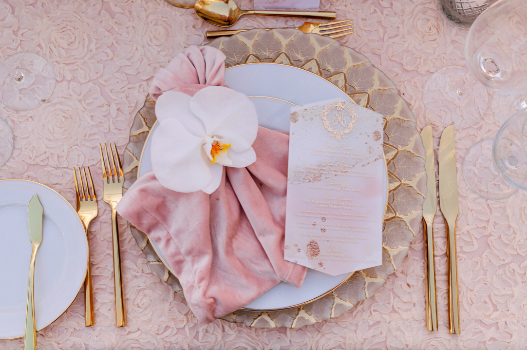 Wedding table, pink floral linens